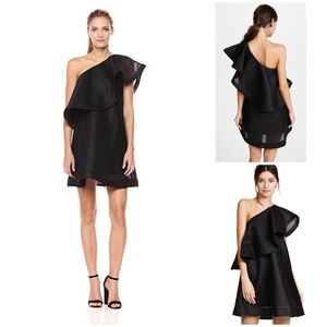 🅷 Halston Heritage ~ One-Shoulder Flounce Striped Mesh Cocktail Dress